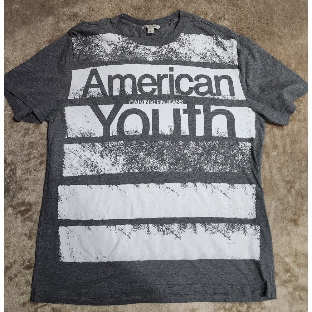 Calvin Klein Young Mens Graphic T shirt large " American Youth " logo Gray White